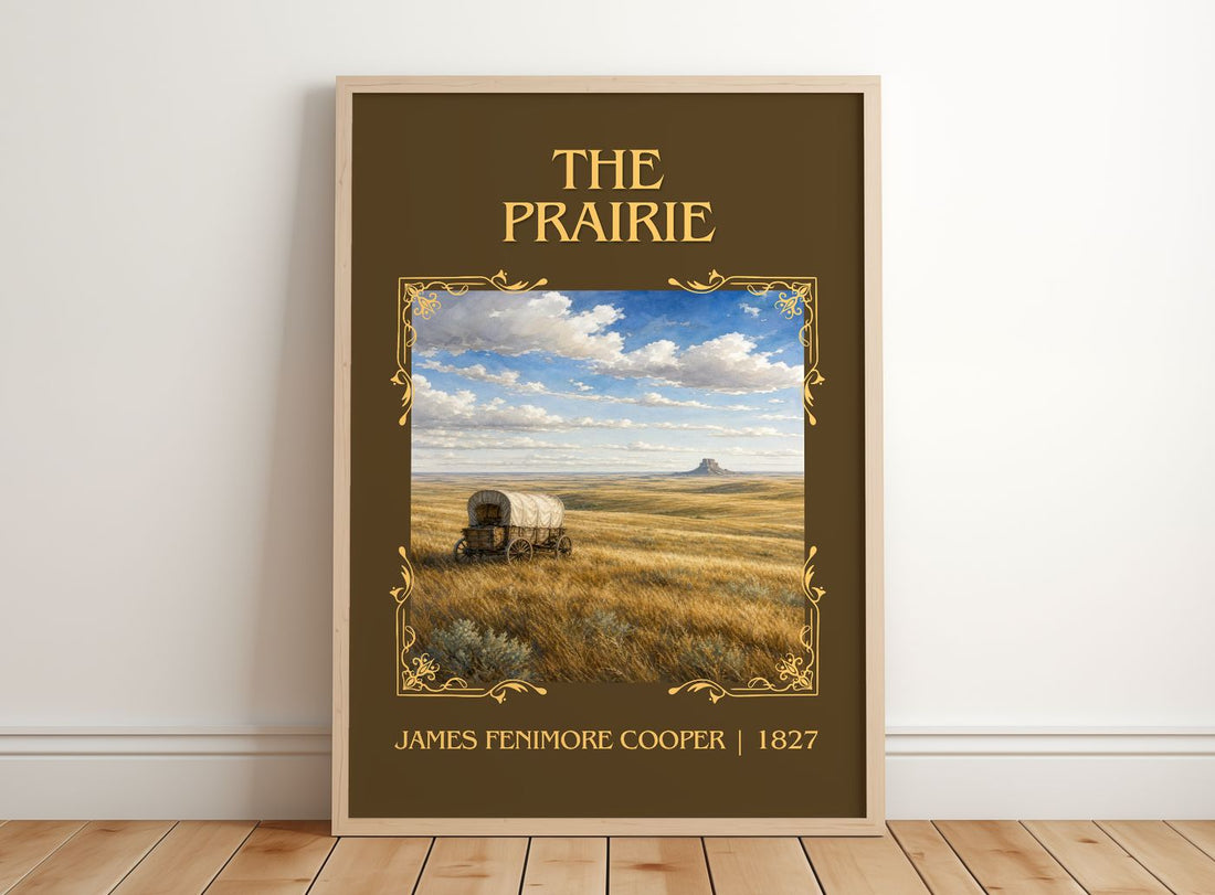 The Prairie Classic Book Art Print by James Fenimore Cooper – framed print leaning on a wooden floor