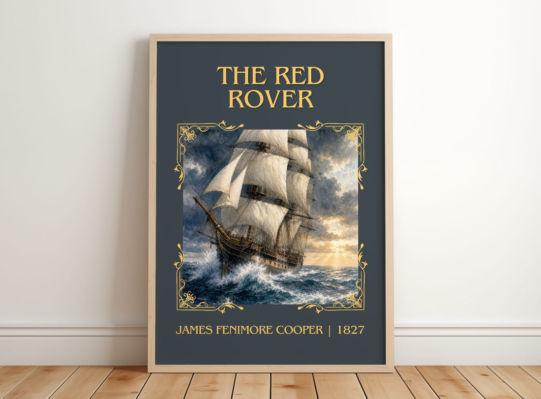 The Red Rover Classic Book Art Print by James Fenimore Cooper – framed print leaning on a wooden floor