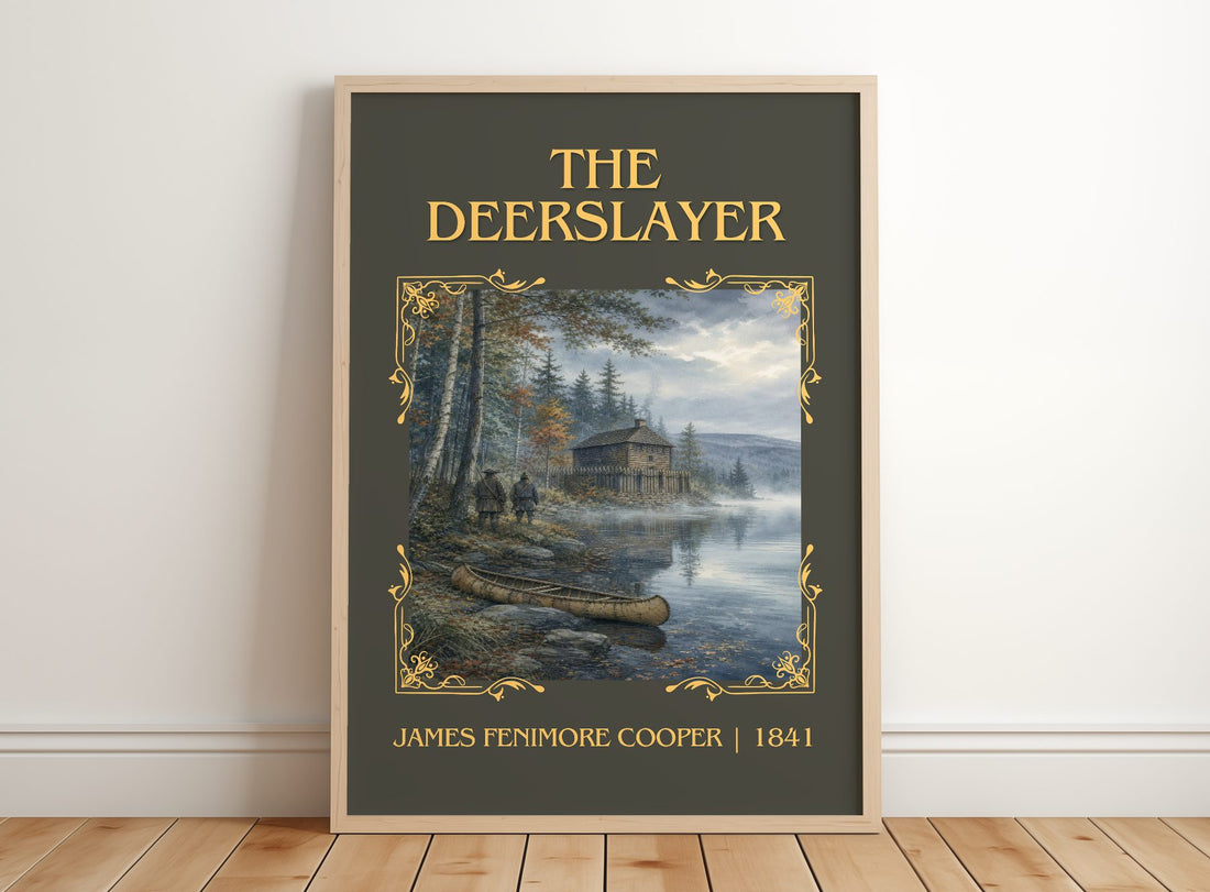 The Deerslayer Classic Book Art Print by James Fenimore Cooper – framed print leaning on a wooden floor