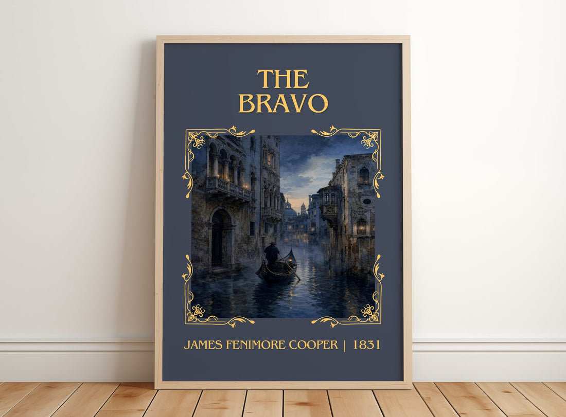 The Bravo Classic Book Art Print by James Fenimore Cooper – framed print leaning on a wooden floor