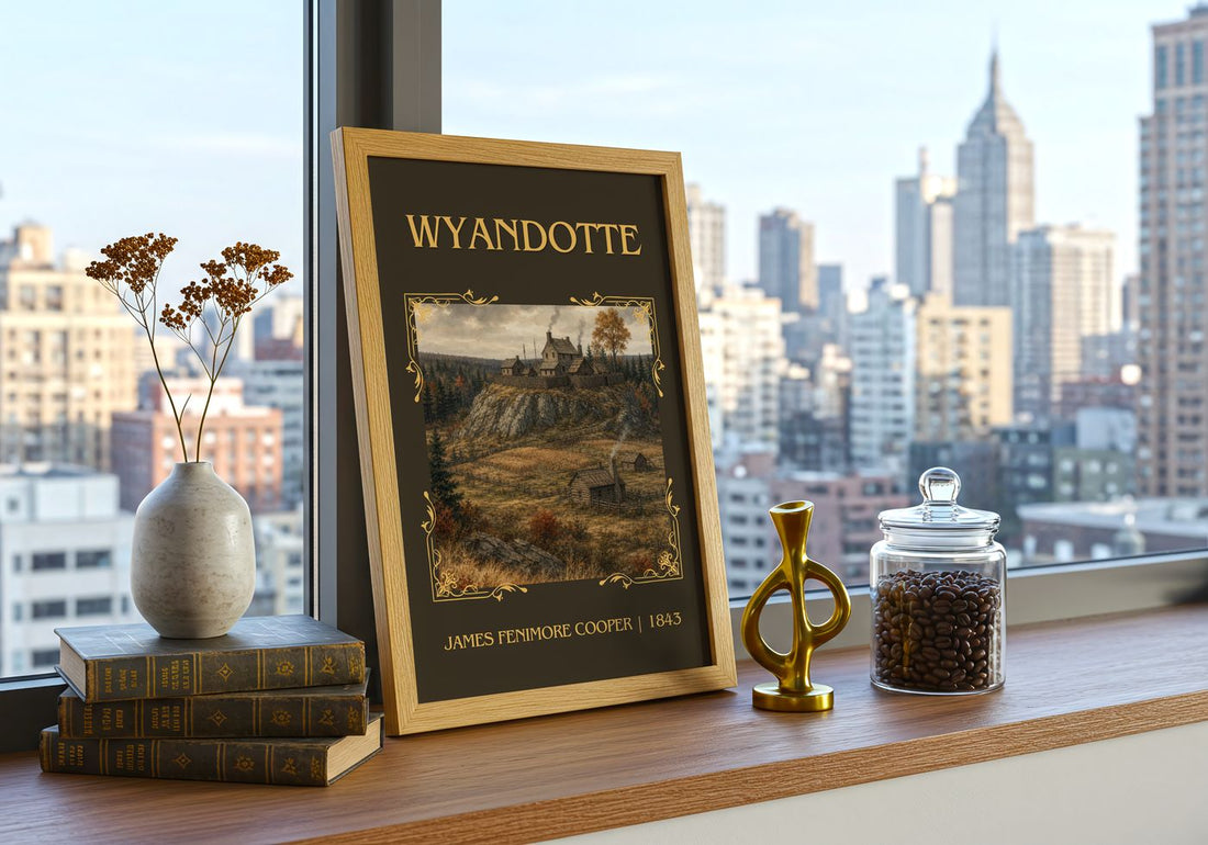 Wyandotté Classic Book Art Print by James Fenimore Cooper – framed print on a city-view windowsill