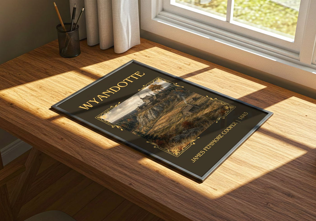 Wyandotté Classic Book Art Print by James Fenimore Cooper – print on a sunlit desk