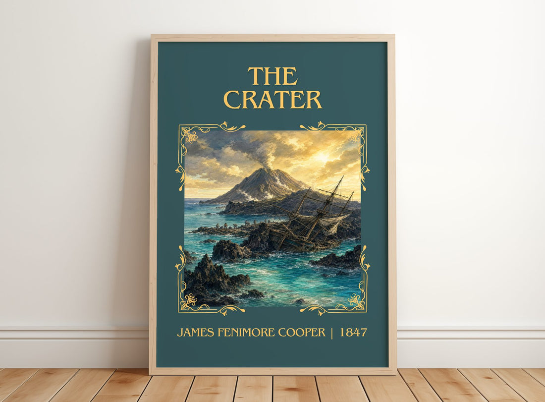 The Crater Classic Book Art Print by James Fenimore Cooper – framed print leaning on a wooden floor