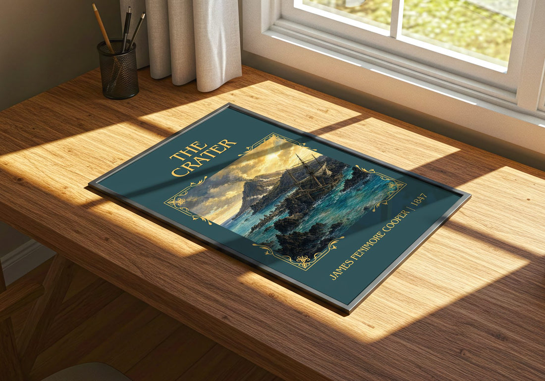 The Crater Classic Book Art Print by James Fenimore Cooper – print on a sunlit desk
