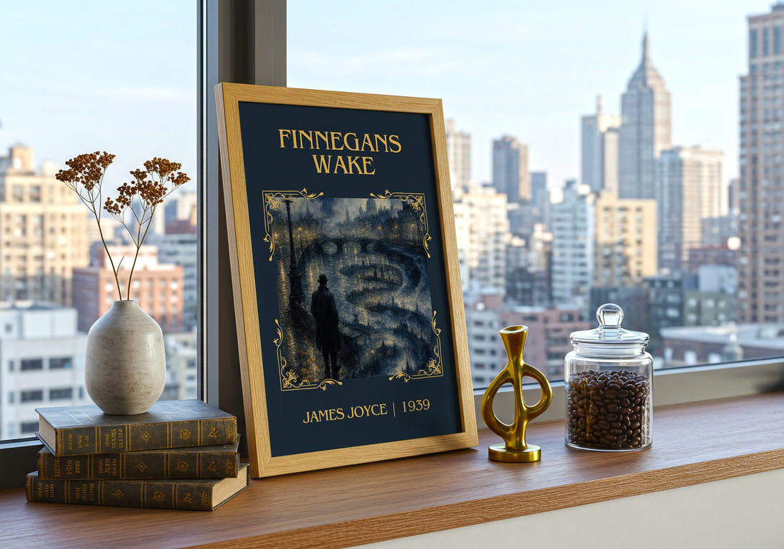 Finnegans Wake Classic Book Art Print by James Joyce – framed print on a city-view windowsill
