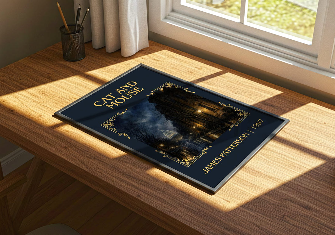 Cat And Mouse Classic Book Art Print by James Patterson – print on a sunlit desk