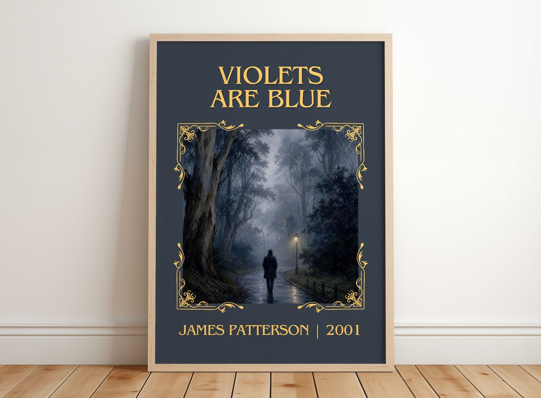 Violets Are Blue Classic Book Art Print by James Patterson – framed print leaning on a wooden floor