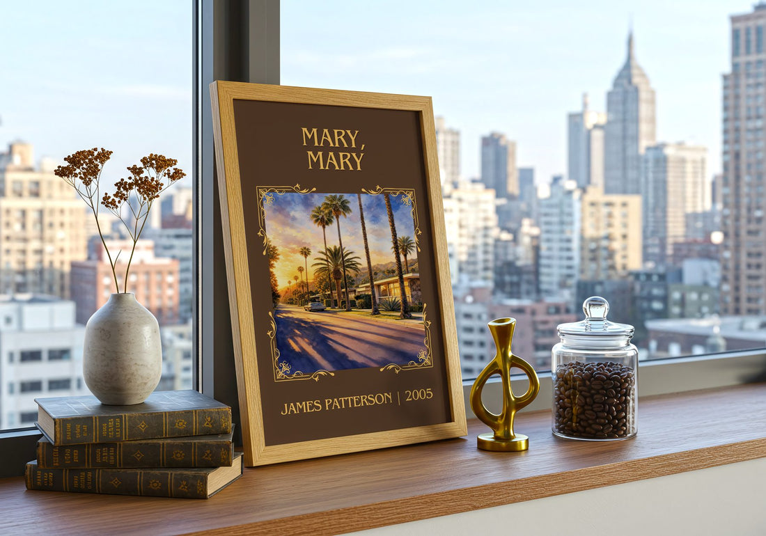 Mary, Mary Classic Book Art Print by James Patterson – framed print on a city-view windowsill