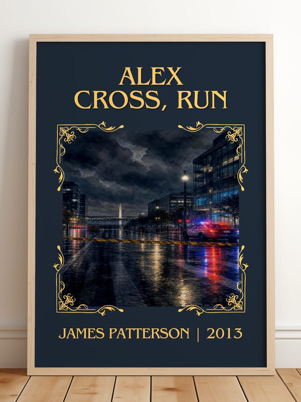 Alex Cross, Run Classic Book Art Print by James Patterson – framed print leaning on a wooden floor