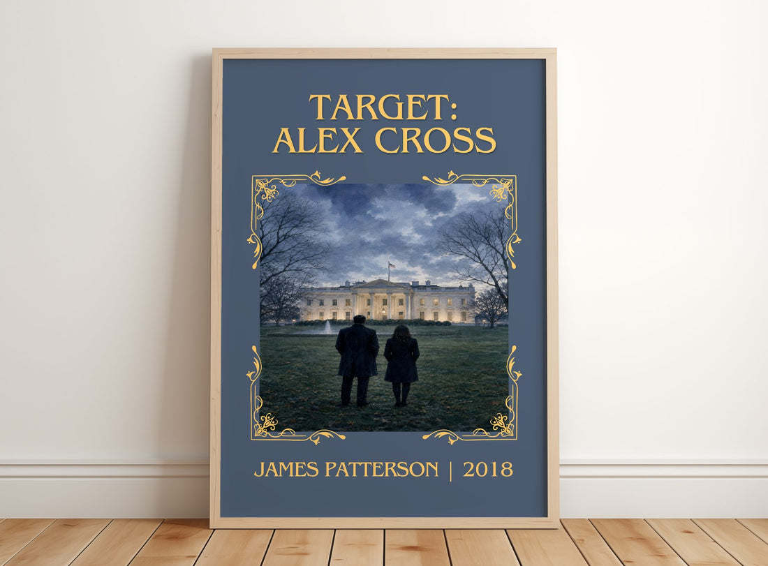 Target: Alex Cross Classic Book Art Print by James Patterson – framed print leaning on a wooden floor