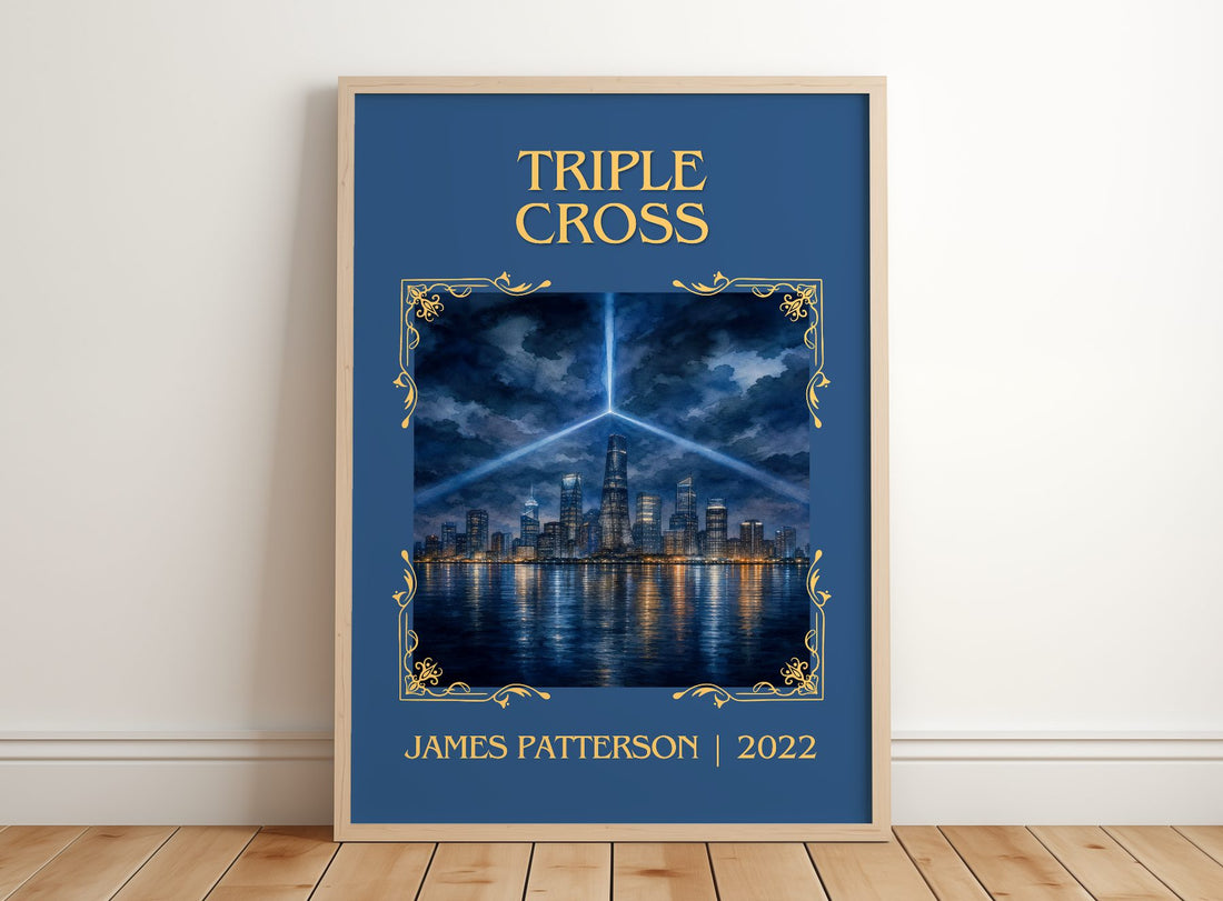 Triple Cross Classic Book Art Print by James Patterson – framed print leaning on a wooden floor