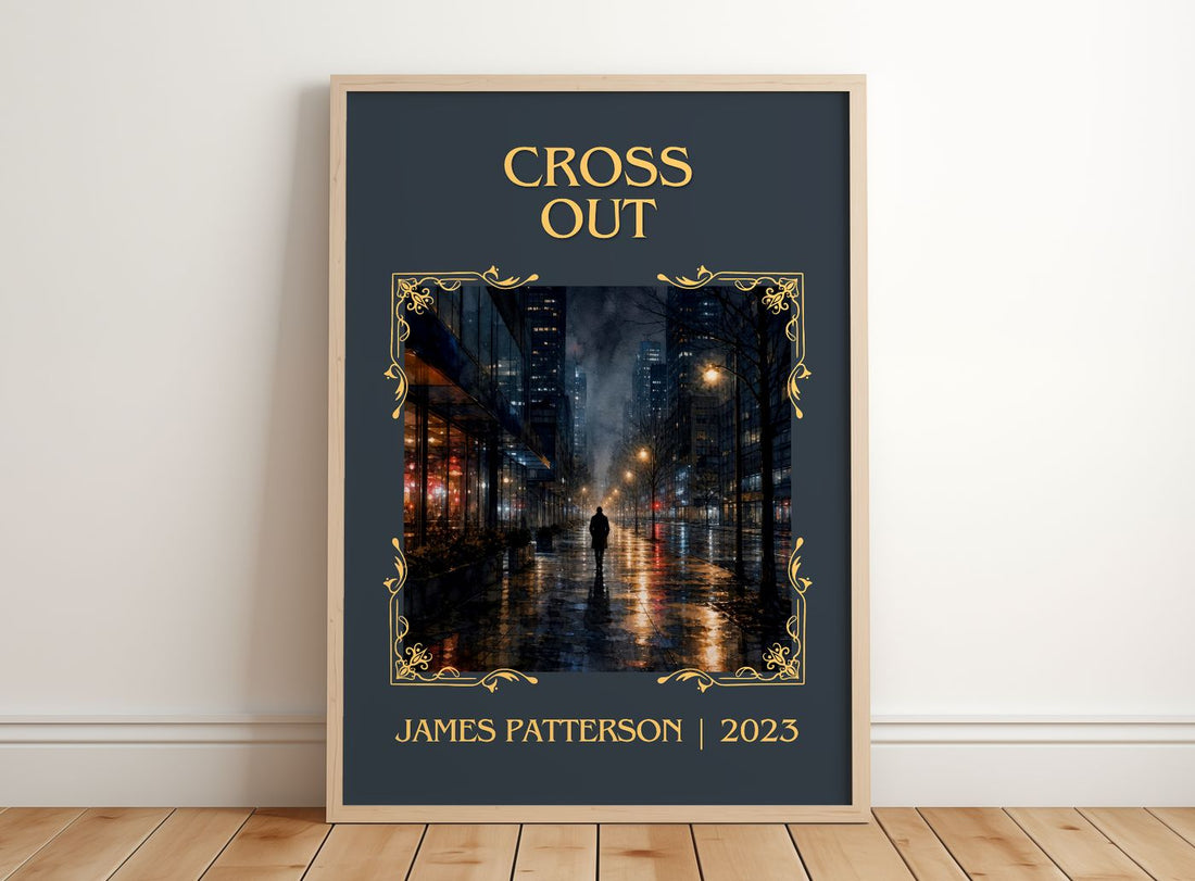 Cross Out Classic Book Art Print by James Patterson – framed print leaning on a wooden floor