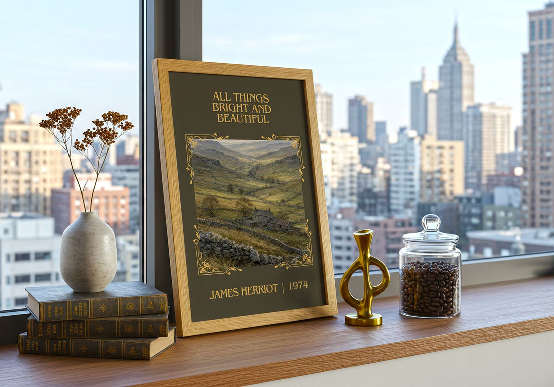 All Things Bright And Beautiful Classic Book Art Print by J. Herriot – framed print on a city-view windowsill