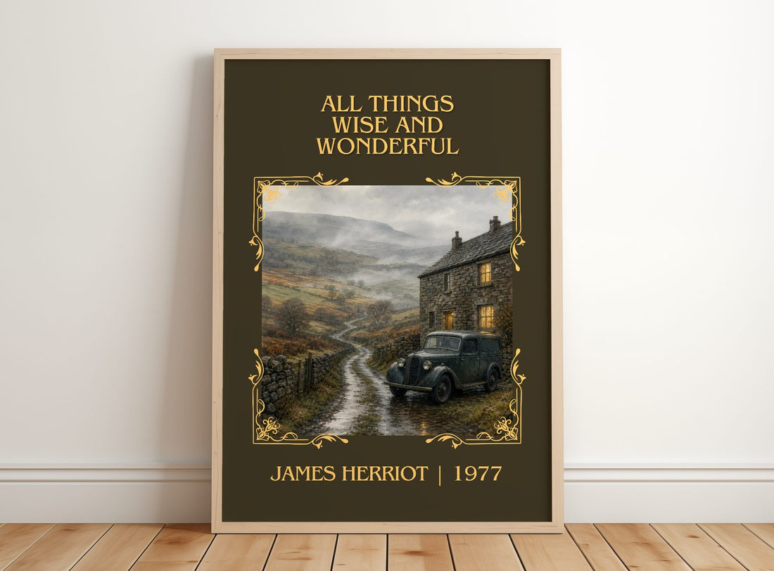 All Things Wise And Wonderful Classic Book Art Print by James Herriot – framed print leaning on a wooden floor