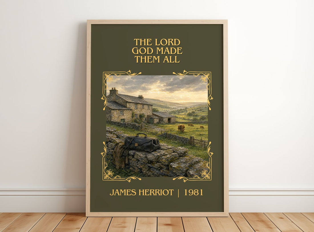 The Lord God Made Them All Classic Book Art Print by James Herriot – framed print leaning on a wooden floor