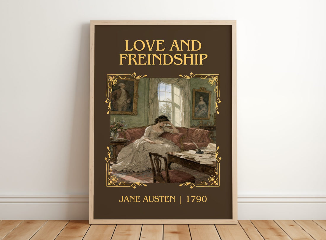 Love And Freindship Classic Book Art Print by Jane Austen – framed print leaning on a wooden floor