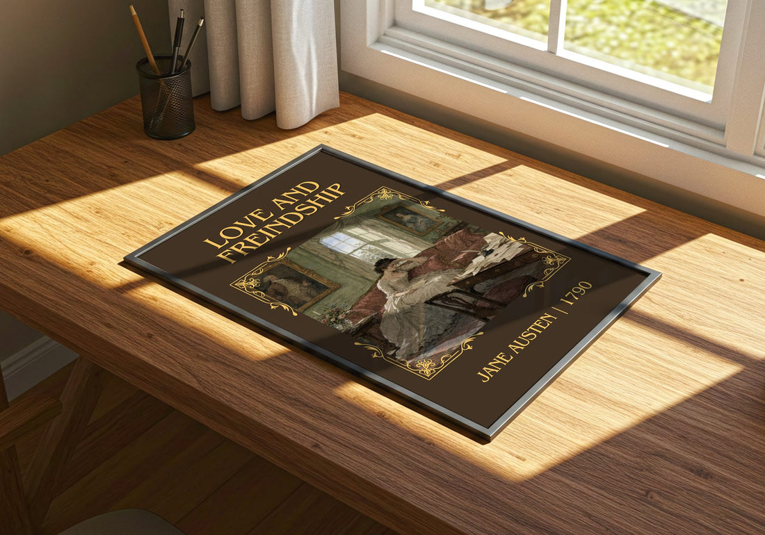 Love And Freindship Classic Book Art Print by Jane Austen – print on a sunlit desk