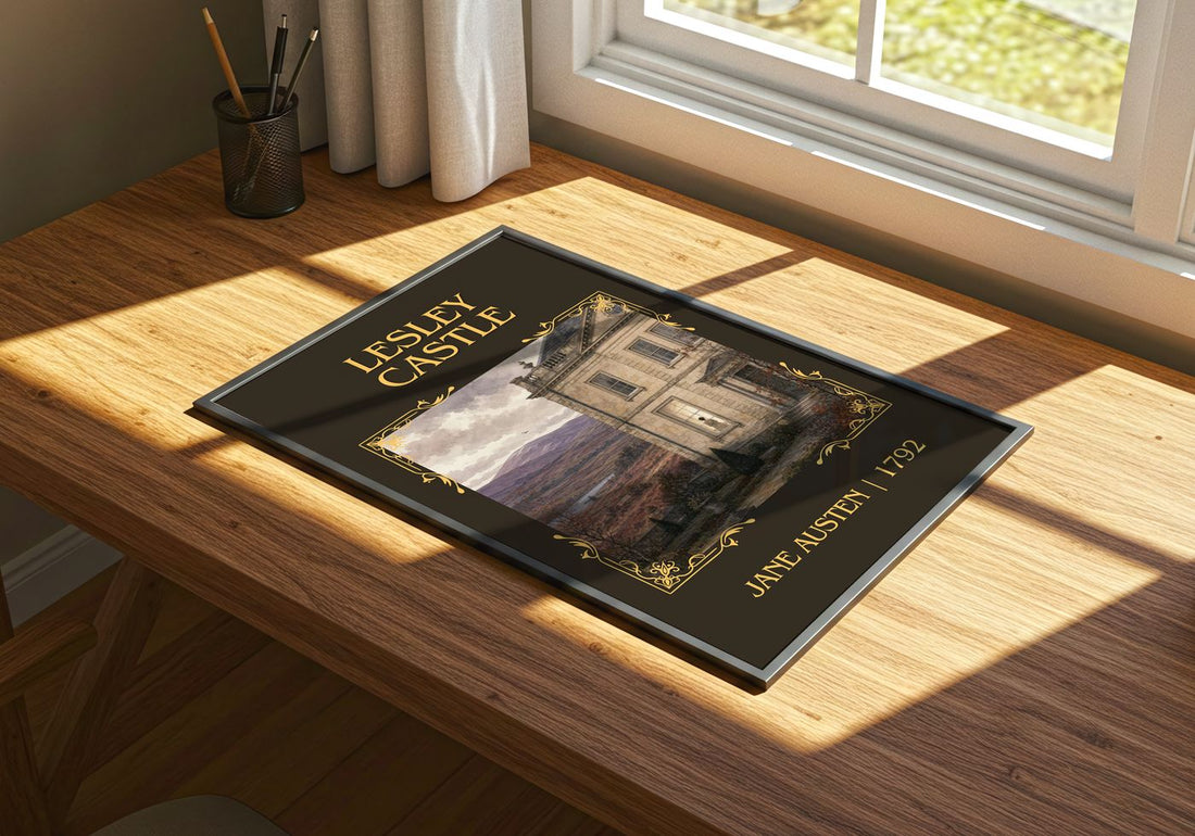 Lesley Castle Classic Book Art Print by Jane Austen – print on a sunlit desk
