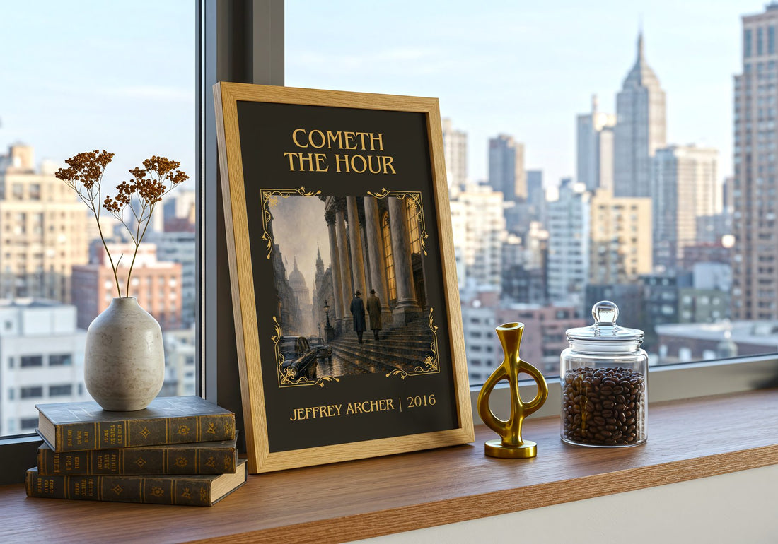 Cometh The Hour Classic Book Art Print by Jeffrey Archer – framed print on a city-view windowsill