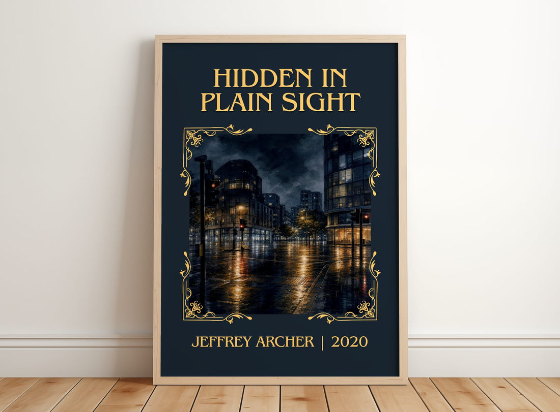 Hidden In Plain Sight Classic Book Art Print by Jeffrey Archer – framed print leaning on a wooden floor