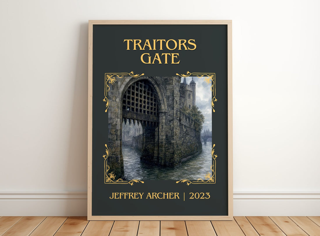 Traitors Gate Classic Book Art Print by Jeffrey Archer – framed print leaning on a wooden floor