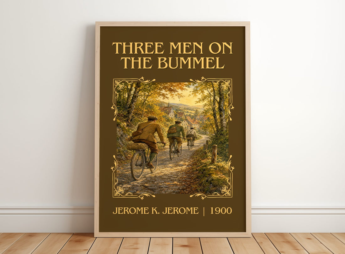 Three Men On The Bummel Classic Book Art Print by Jerome K. Jerome – framed print leaning on a wooden floor