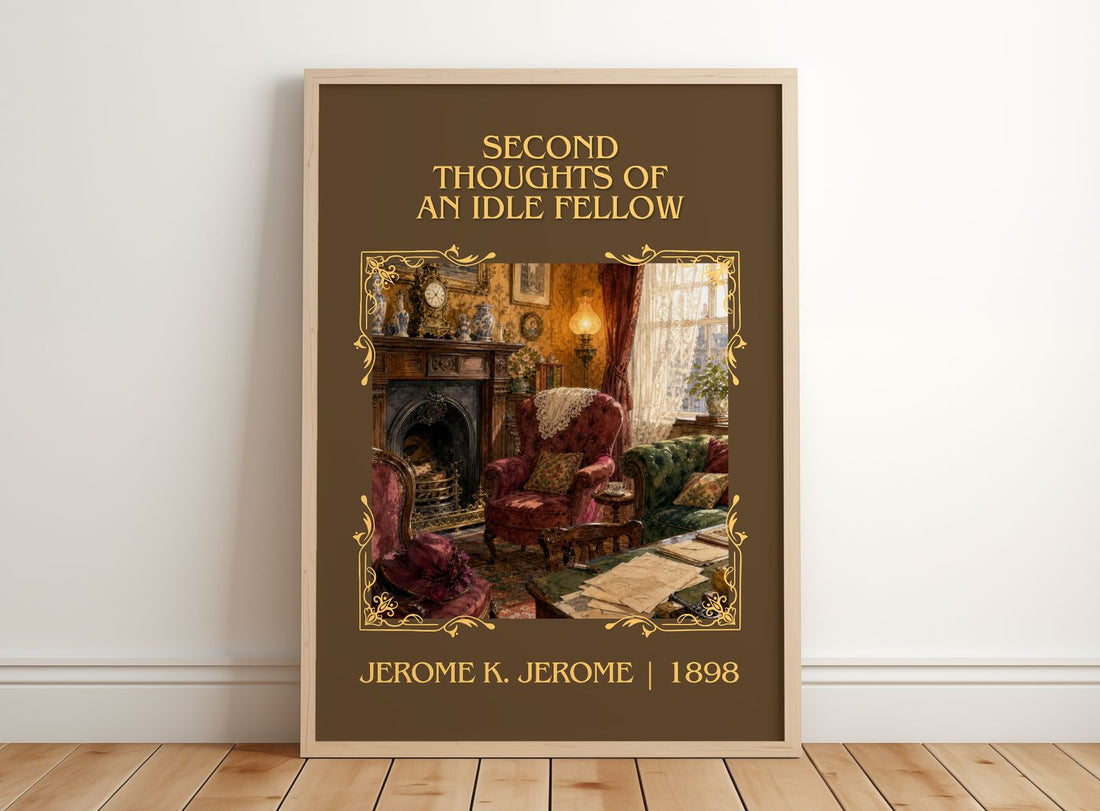 Second Thoughts Of An Idle Fellow Classic Book Art Print by J. Jerome – framed print leaning on a wooden floor