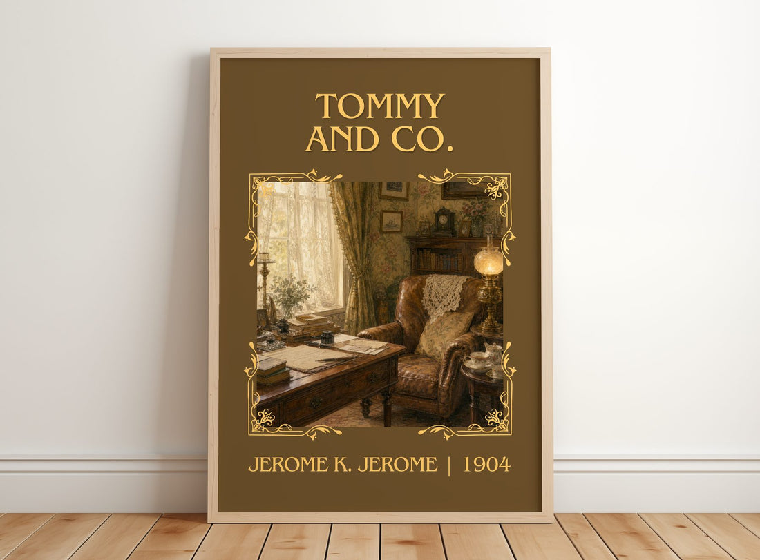 Tommy And Co. Classic Book Art Print by Jerome K. Jerome – framed print leaning on a wooden floor