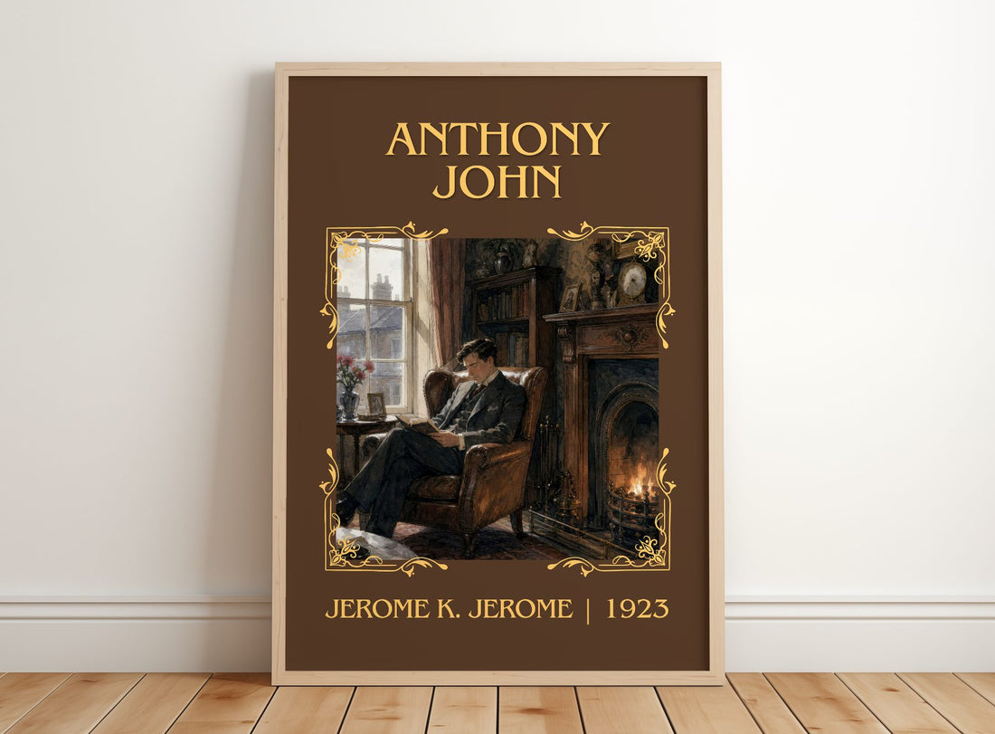 Anthony John Classic Book Art Print by Jerome K. Jerome – framed print leaning on a wooden floor