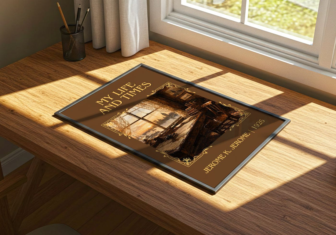 My Life And Times Classic Book Art Print by Jerome K. Jerome – print on a sunlit desk