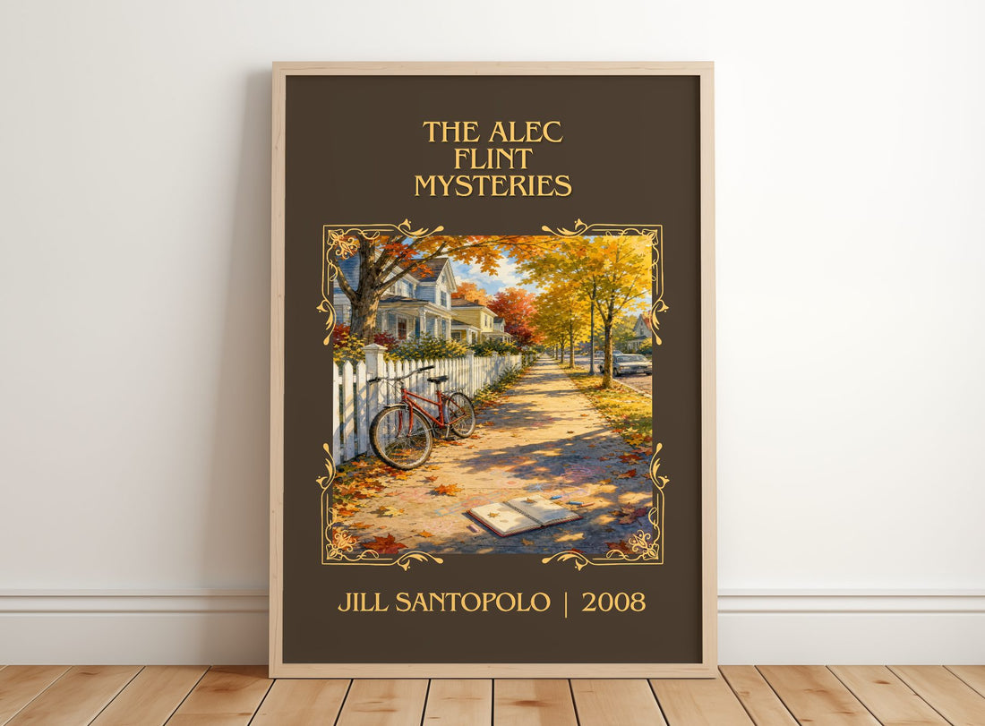 The Alec Flint Mysteries Classic Book Art Print by Jill Santopolo – framed print leaning on a wooden floor