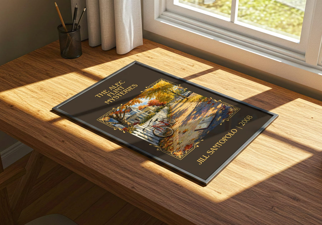 The Alec Flint Mysteries Classic Book Art Print by Jill Santopolo – print on a sunlit desk