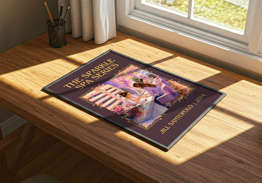 The Sparkle Spa Series Classic Book Art Print by Jill Santopolo – print on a sunlit desk