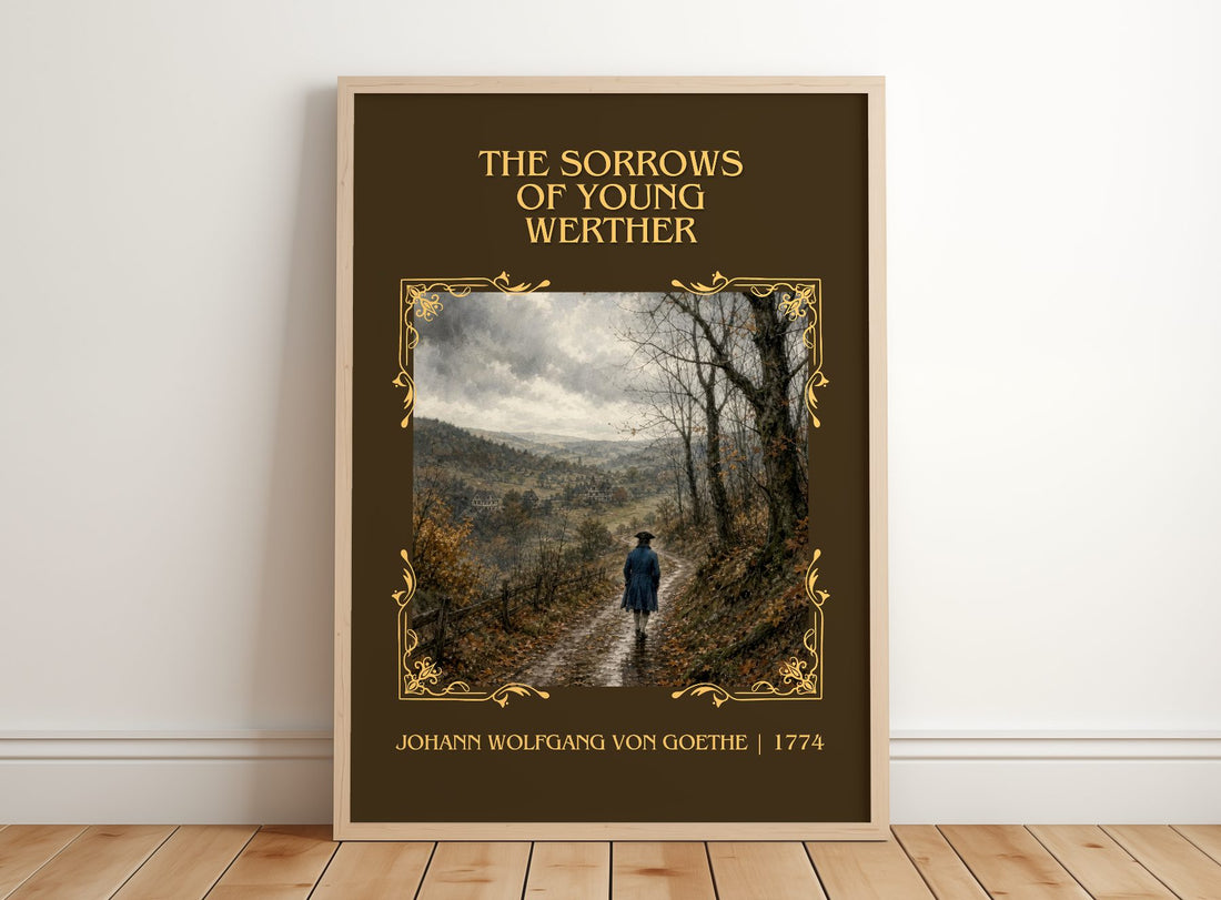 Sorrows Of Young Werther Classic Book Art Print by J. Goethe – framed print leaning on a wooden floor