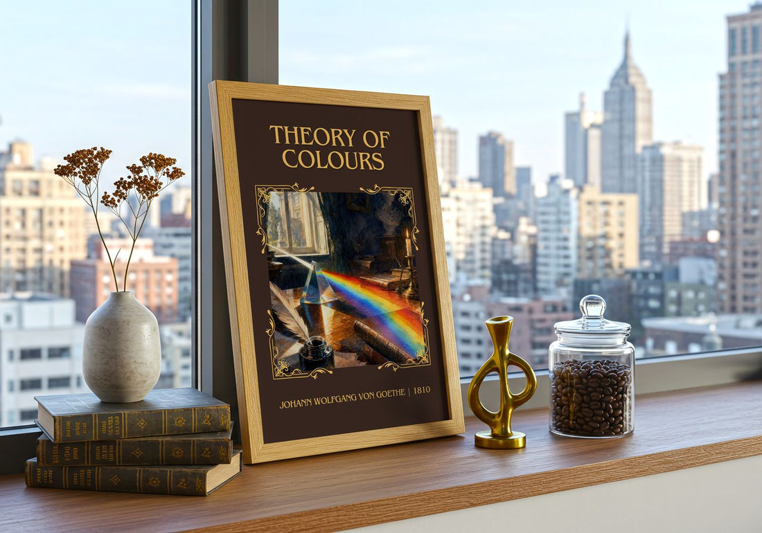 Theory Of Colours Classic Book Art Print by Johann Wolfgang Von Goethe – framed print on a city-view windowsill