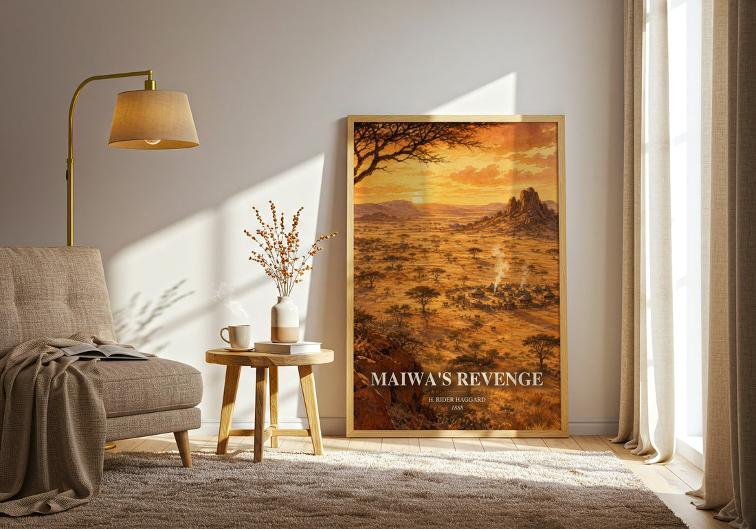 Maiwa'S Revenge watercolour print in frame leaning in hallway – adventure wall art (mockup)
