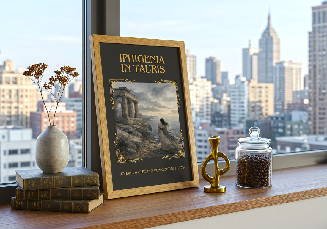 Iphigenia In Tauris Classic Book Art Print by J. Goethe – framed print on a city-view windowsill