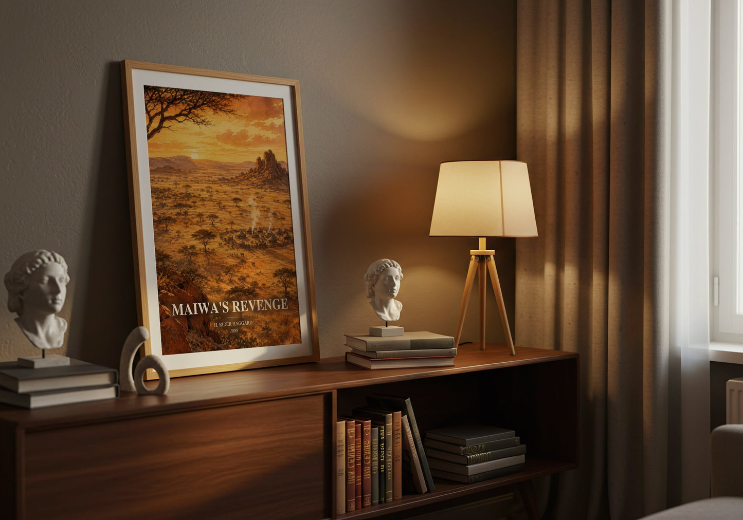 Maiwa'S Revenge watercolour print on bookshelf – H. Rider Haggard fan gift