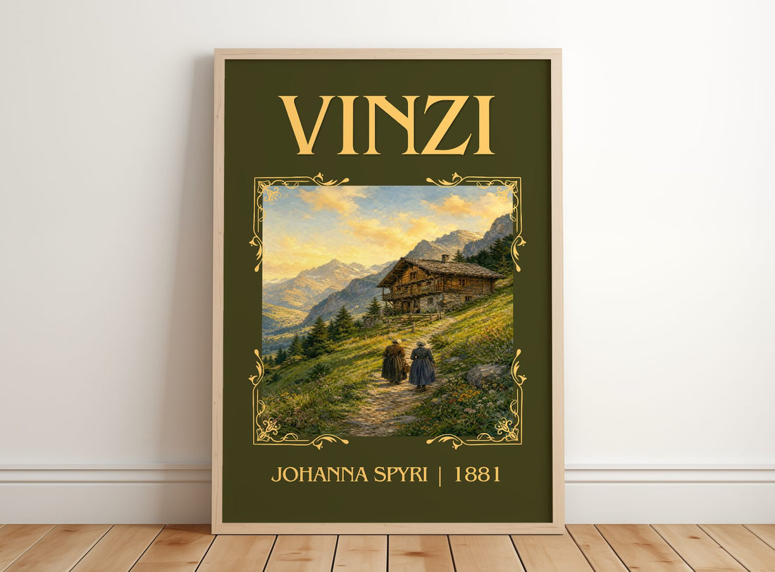 Vinzi Classic Book Art Print by Johanna Spyri – framed print leaning on a wooden floor