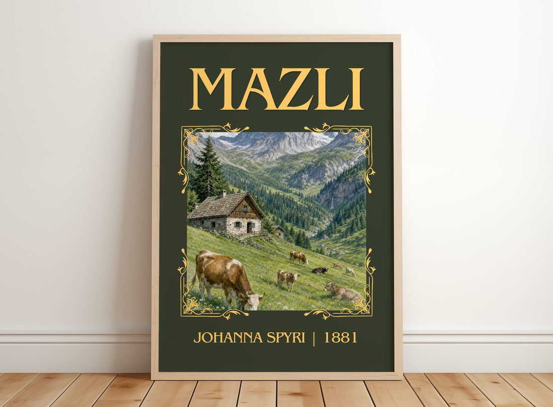 Mazli Classic Book Art Print by Johanna Spyri – framed print leaning on a wooden floor