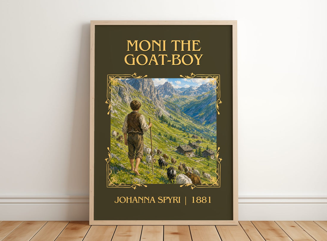 Moni The Goat-Boy Classic Book Art Print by Johanna Spyri – framed print leaning on a wooden floor