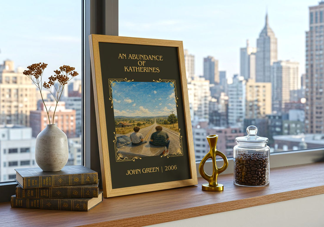 An Abundance Of Katherines Classic Book Art Print by John Green – framed print on a city-view windowsill