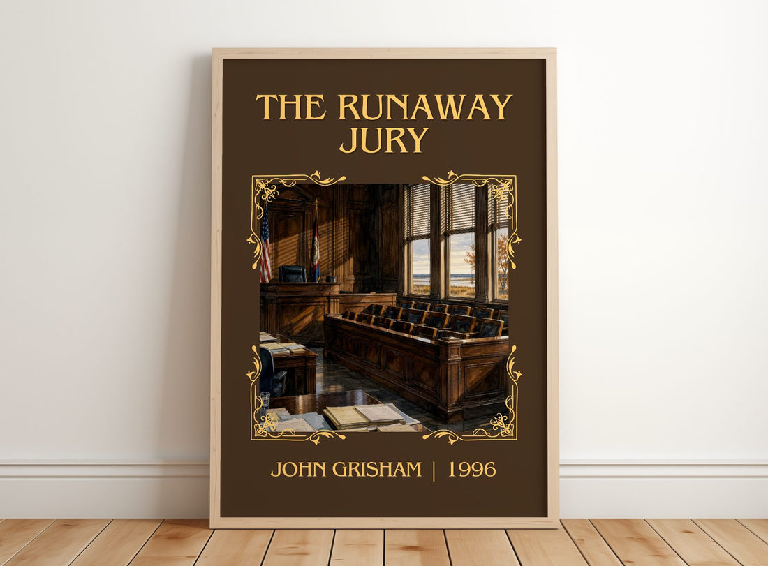 The Runaway Jury Classic Book Art Print by John Grisham – framed print leaning on a wooden floor