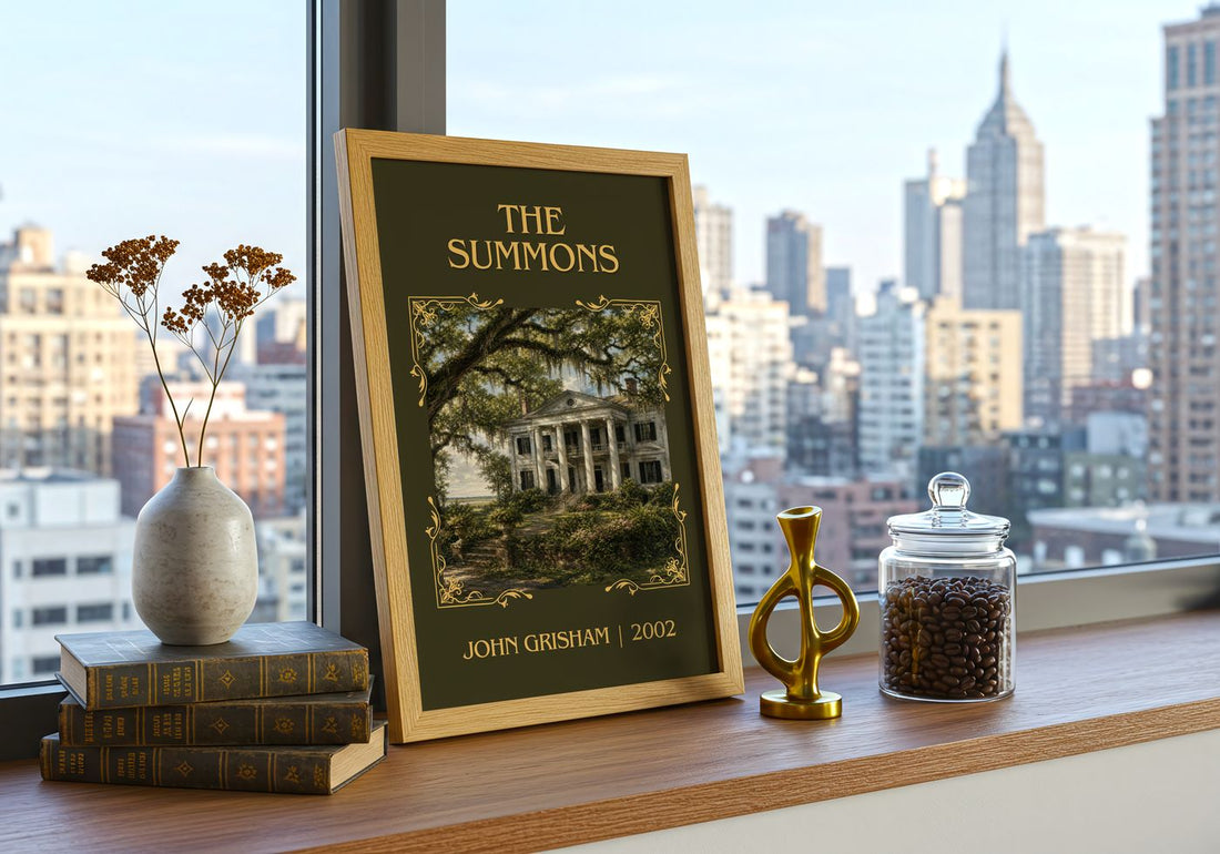 The Summons Classic Book Art Print by John Grisham – framed print on a city-view windowsill