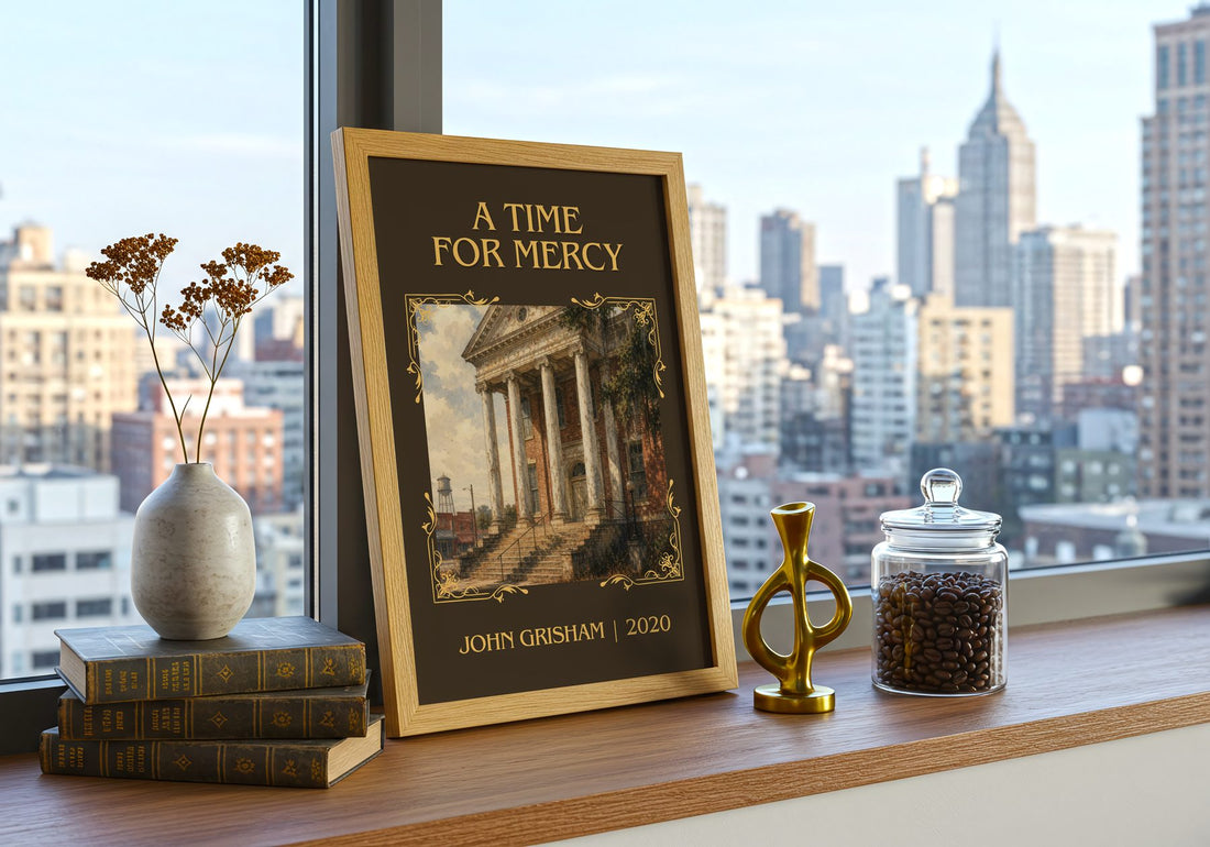 A Time For Mercy Classic Book Art Print by John Grisham – framed print on a city-view windowsill