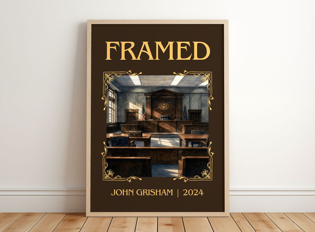 Framed Classic Book Art Print by John Grisham – framed print leaning on a wooden floor