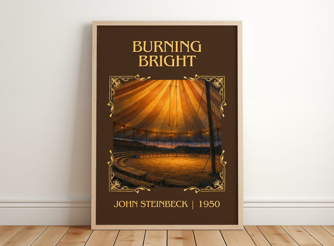 Burning Bright Classic Book Art Print by John Steinbeck – framed print leaning on a wooden floor