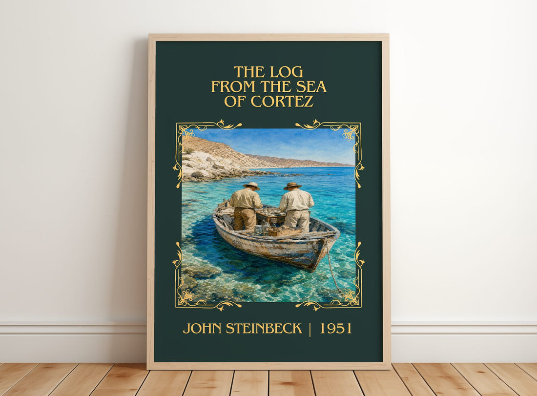 Log From The Sea Of Cortez Classic Book Art Print by John Steinbeck – framed print leaning on a wooden floor