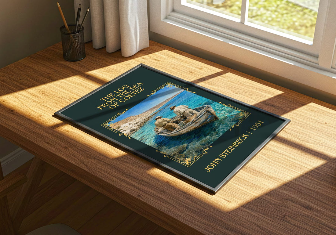 Log From The Sea Of Cortez Classic Book Art Print by John Steinbeck – print on a sunlit desk