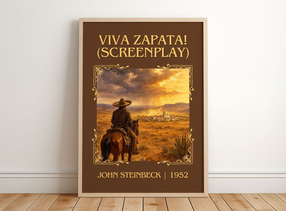 Viva Zapata! (Screenplay) Classic Book Art Print by John Steinbeck – framed print leaning on a wooden floor